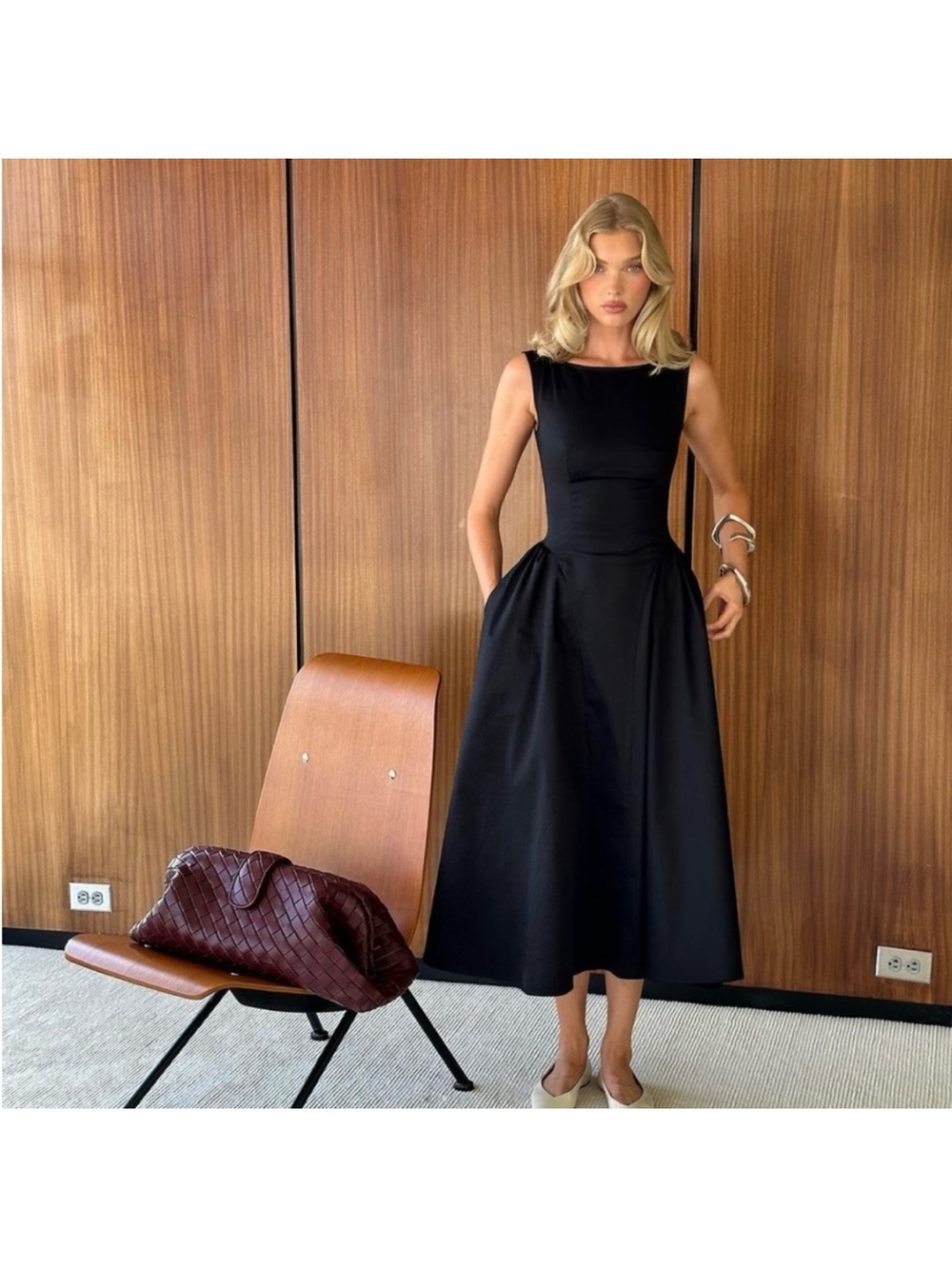 Helsa Stretch Cotton Sateen Midi Dress in Black BNOWT - Picture 4 of 9